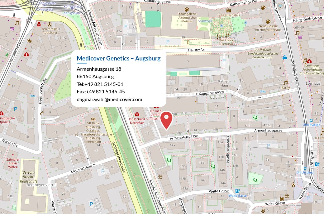 Das Bild zeigt den Kartenausschnitt des Standorts von Medicover Genetics Augsburg.