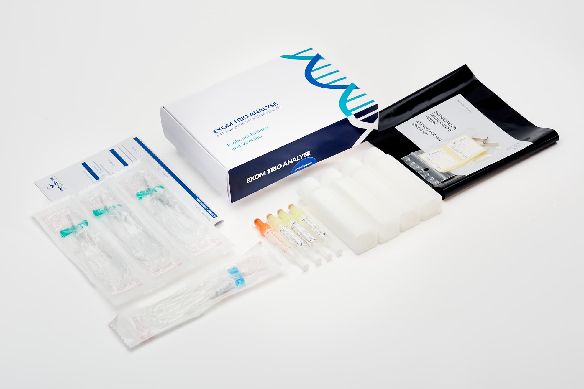 Foto des Exom-Kits mit allen enthaltenen Materialien.